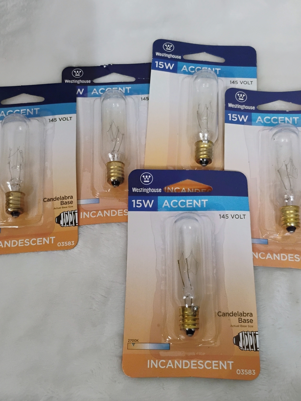 Bundle Lot 5 Westinghouse Candelabra 15W Accent 145V Clear Tubular Light Bulb K